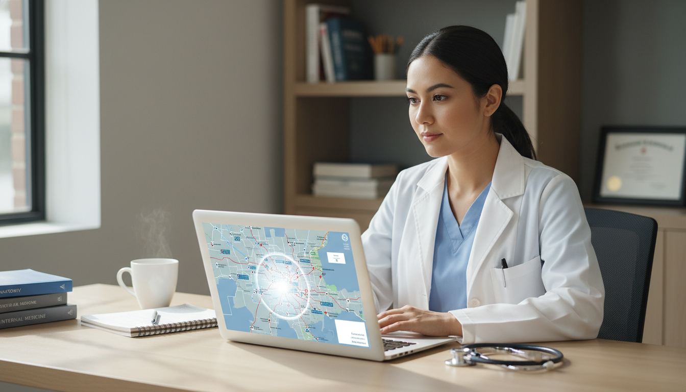 Medical student reviewing residency locations on a laptop map Medical student reviewing residency locations on a laptop map - Houston residency programs for Geographic Flexibility for Res