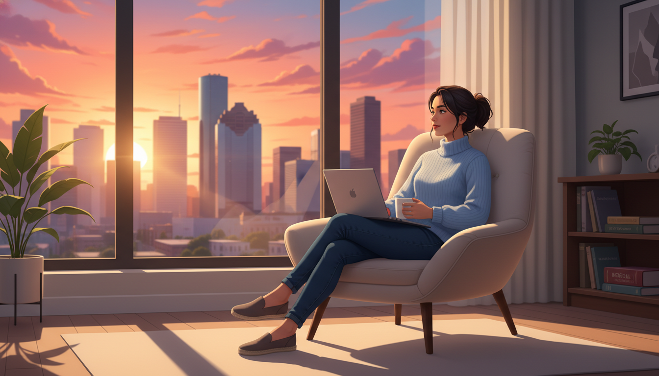 Resident physician relaxing at a Houston apartment with city skyline view Resident physician relaxing at a Houston apartment with city skyline view - Houston residency programs for Geographic Flexibi