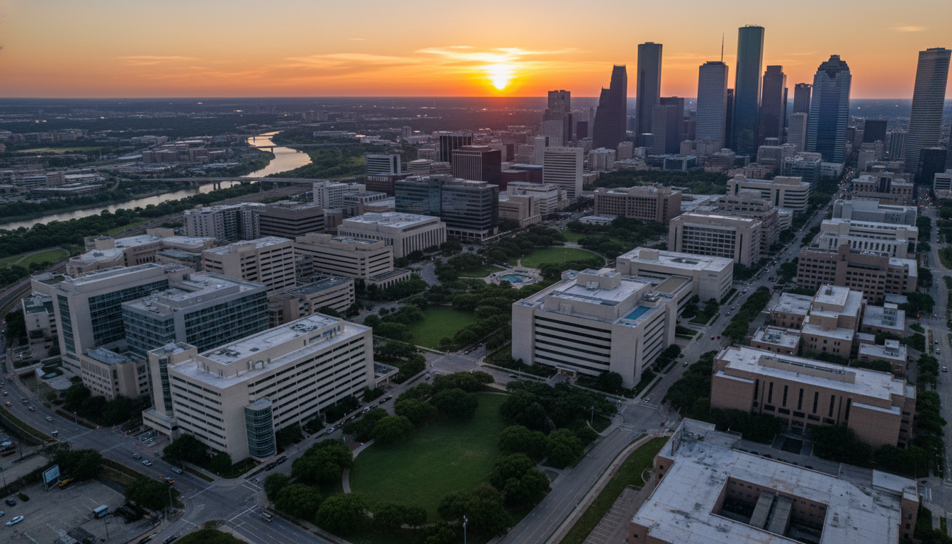 Aerial view of Texas Medical Center where many residency programs sponsor visas Aerial view of Texas Medical Center where many residency programs sponsor visas - Houston residency programs for Visa Navigat