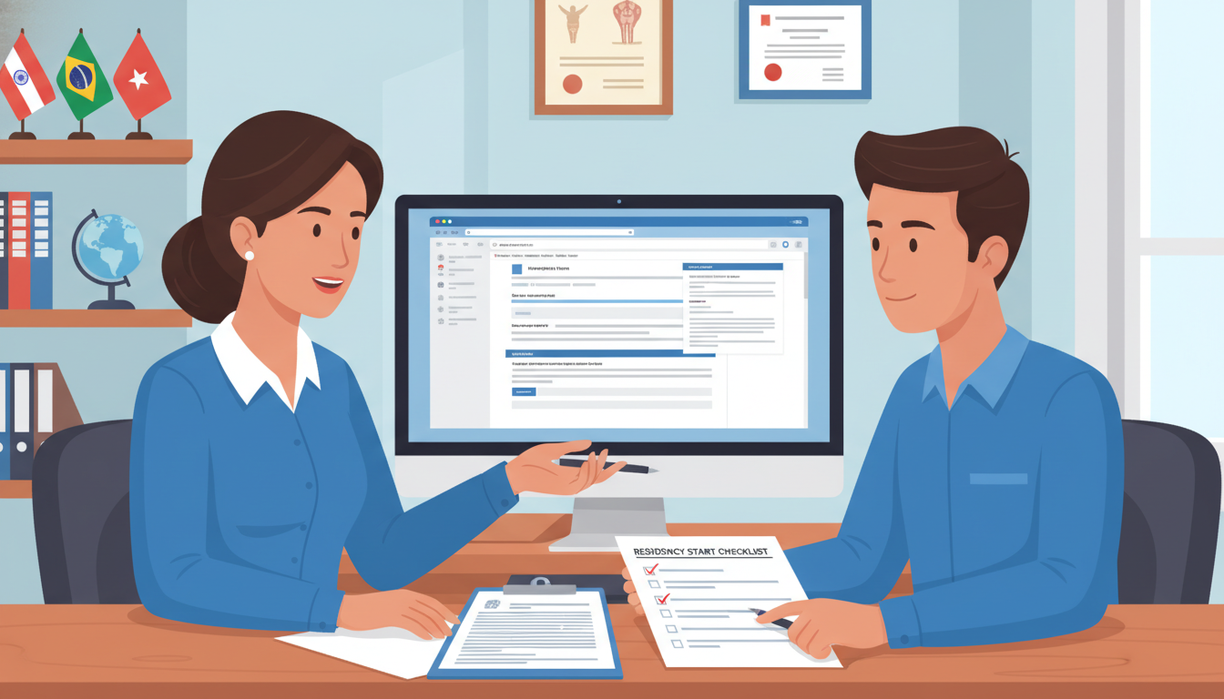 Medical residency coordinator advising IMG on visa paperwork - IMG friendly residency for Visa Navigation for Residency for R