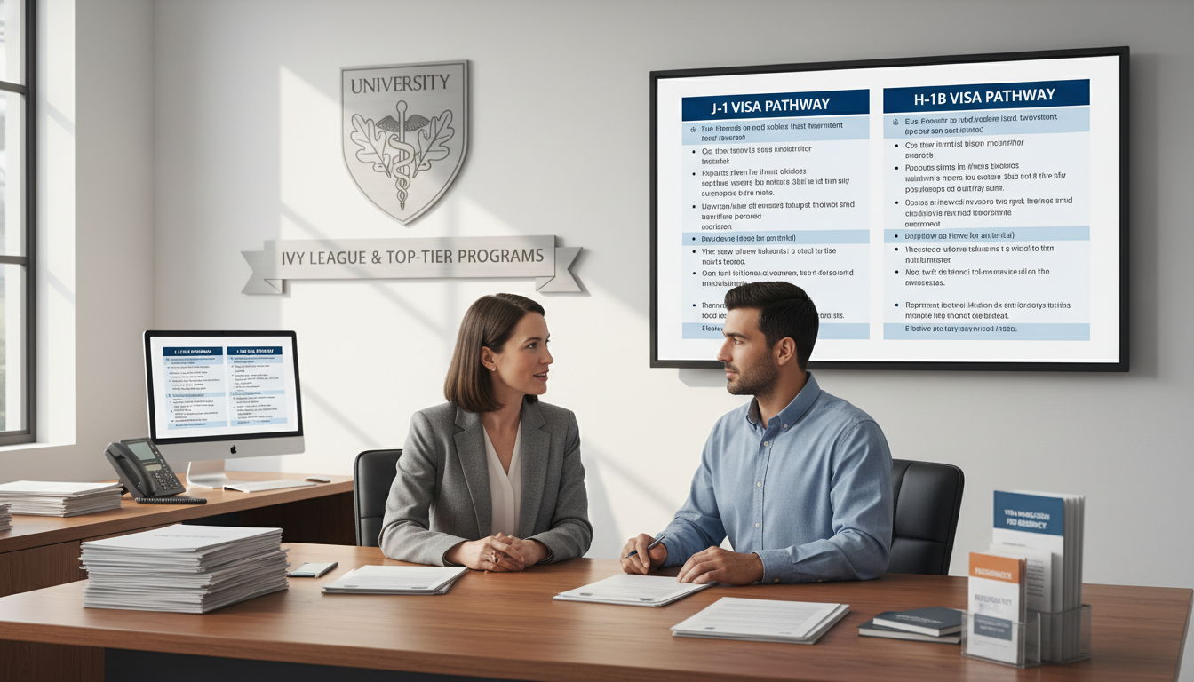 GME office advisor explaining J-1 versus H-1B options to an international resident GME office advisor explaining J-1 versus H-1B options to an international resident - Ivy League residency for Visa Navigation