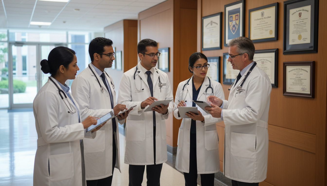 International residents at a top-tier university hospital discussing fellowship and visa planning International residents at a top-tier university hospital discussing fellowship and visa planning - Ivy League residency for