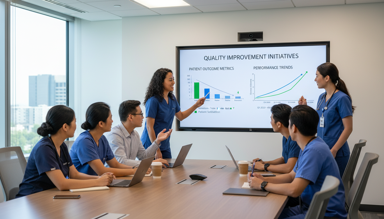 Small group of residents at Kaiser Permanente reviewing quality improvement project data - Kaiser residency for Low Step Scor