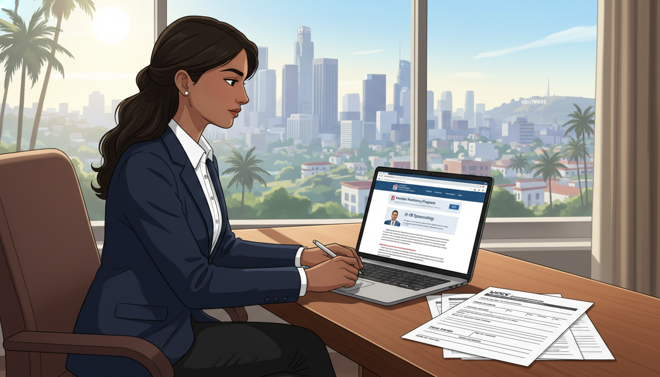 International medical graduate reviewing H-1B visa documents near Los Angeles skyline International medical graduate reviewing H-1B visa documents near Los Angeles skyline - LA residency programs for H-1B Sponso