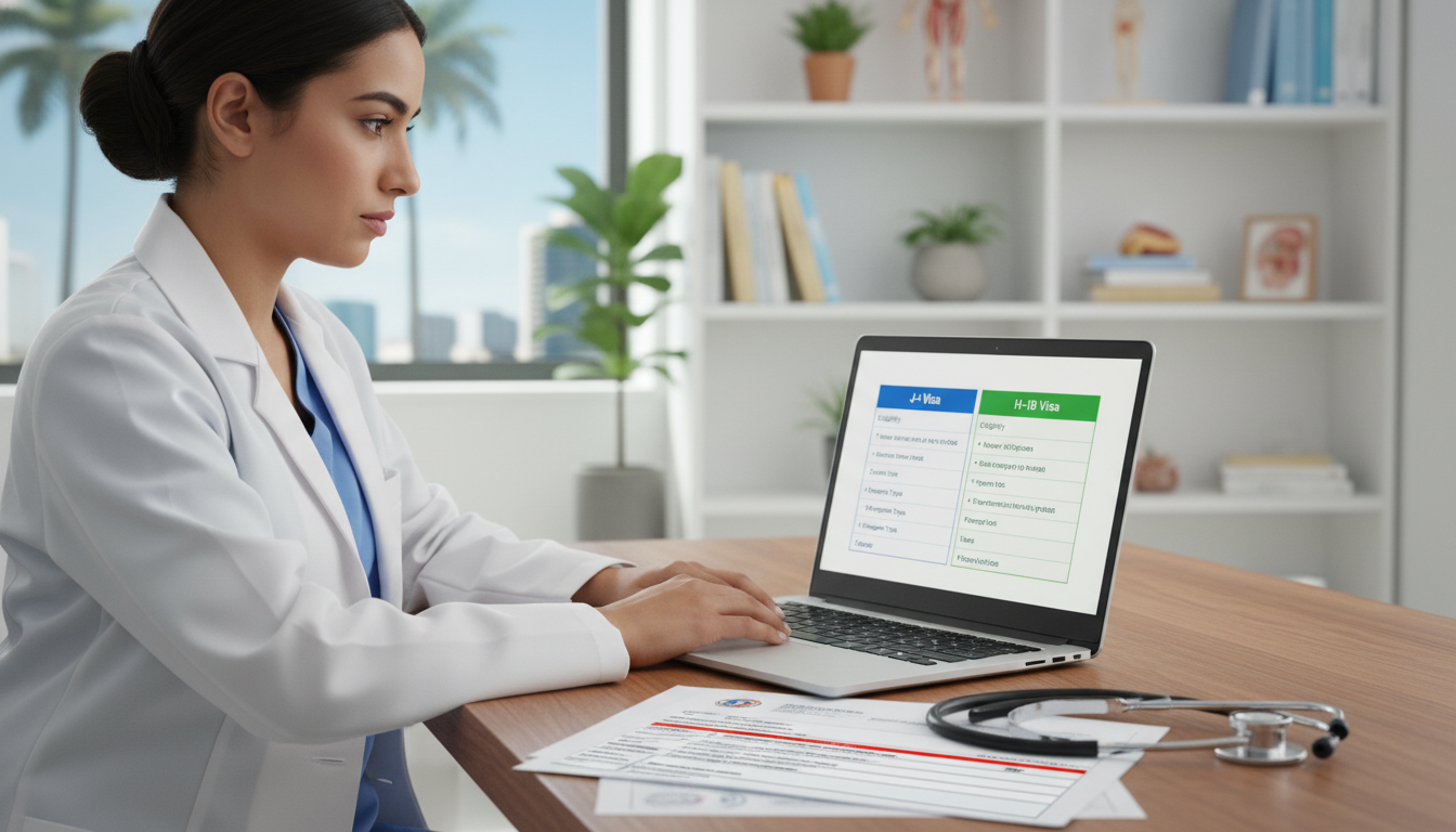 International medical graduate comparing J-1 and H-1B visa options on a laptop International medical graduate comparing J-1 and H-1B visa options on a laptop - Miami residency programs for Visa Navigation