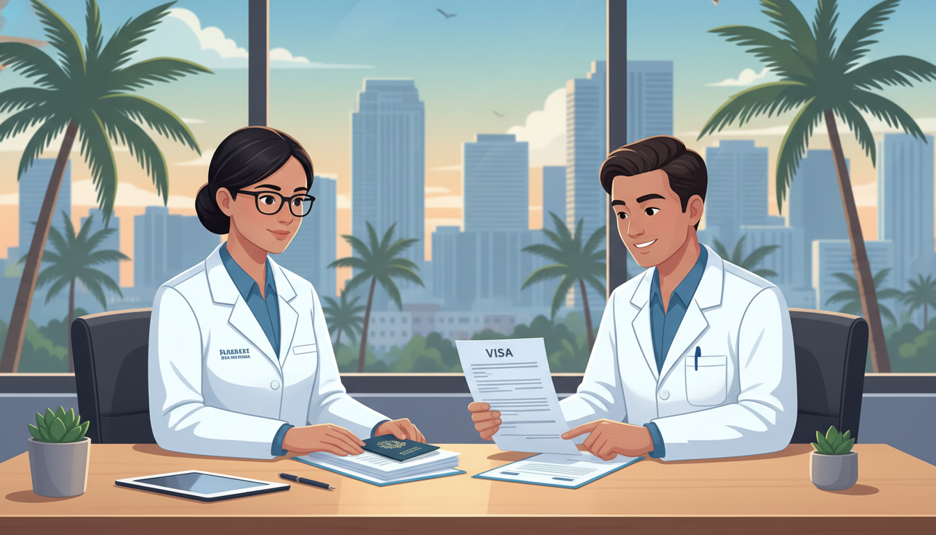 Medical resident in Miami reviewing visa documents with skyline in background Medical resident in Miami reviewing visa documents with skyline in background - Miami residency programs for Visa Navigation