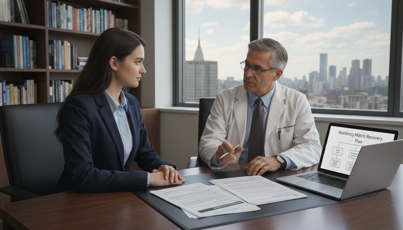 Unmatched medical graduate meeting with a faculty mentor to review residency application strategy Unmatched medical graduate meeting with a faculty mentor to review residency application strategy - NYC residency programs fo