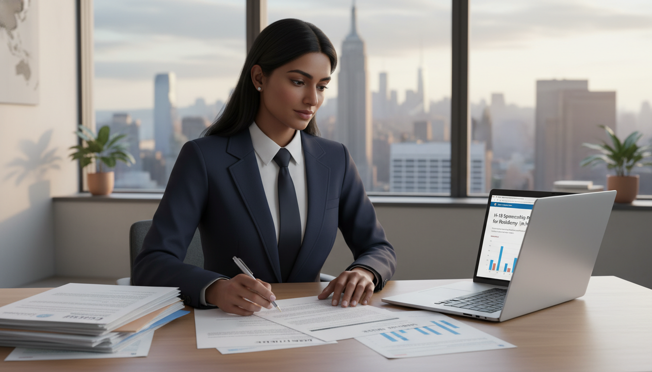 International medical graduate reviewing H-1B visa documents for NYC residency International medical graduate reviewing H-1B visa documents for NYC residency - NYC residency programs for H-1B Sponsorship