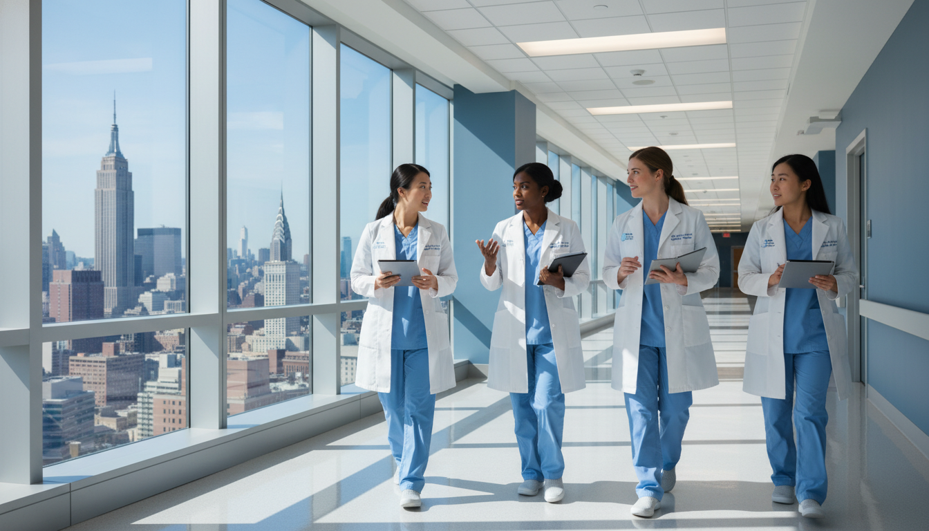 Diverse group of medical residents in New York City hospital hallway Diverse group of medical residents in New York City hospital hallway - NYC residency programs for H-1B Sponsorship Programs f