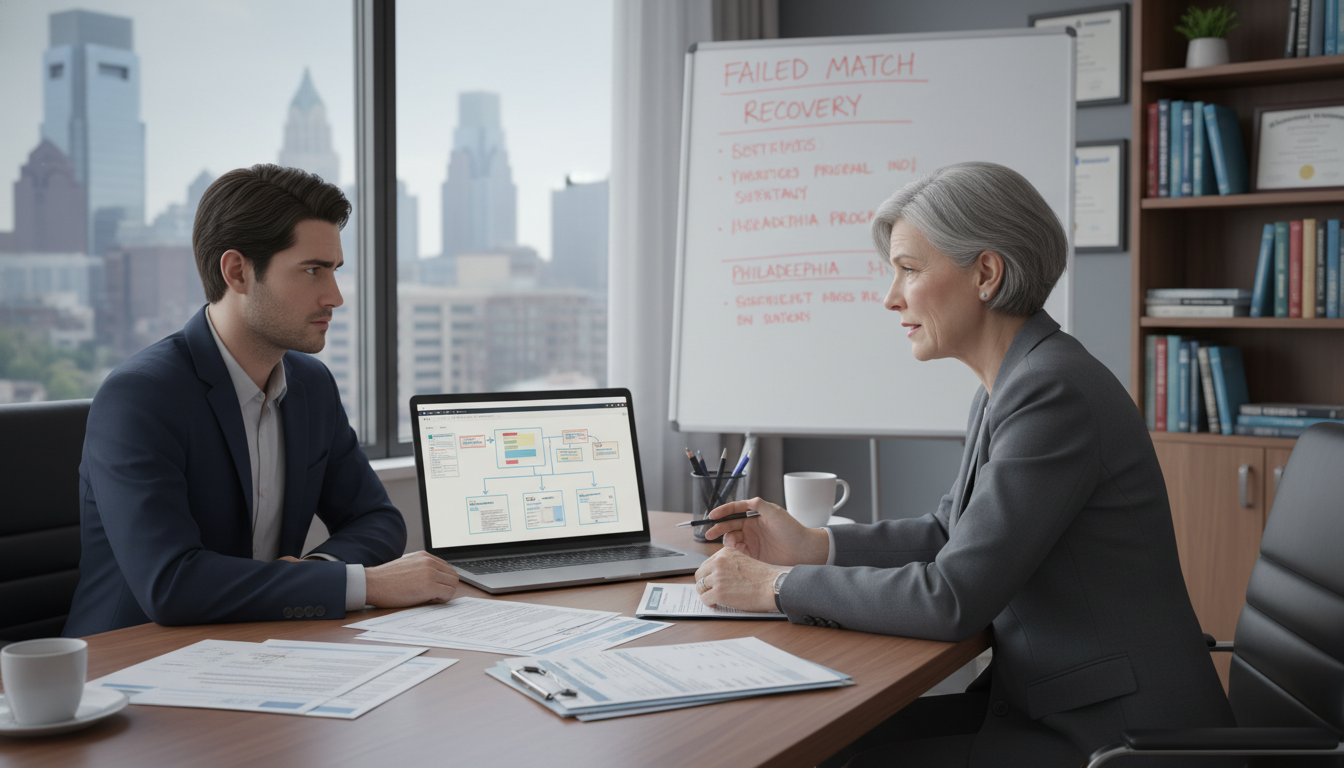 Advisor and unmatched residency applicant reviewing recovery plan Advisor and unmatched residency applicant reviewing recovery plan - Philadelphia residency for Failed Match Recovery for Resi