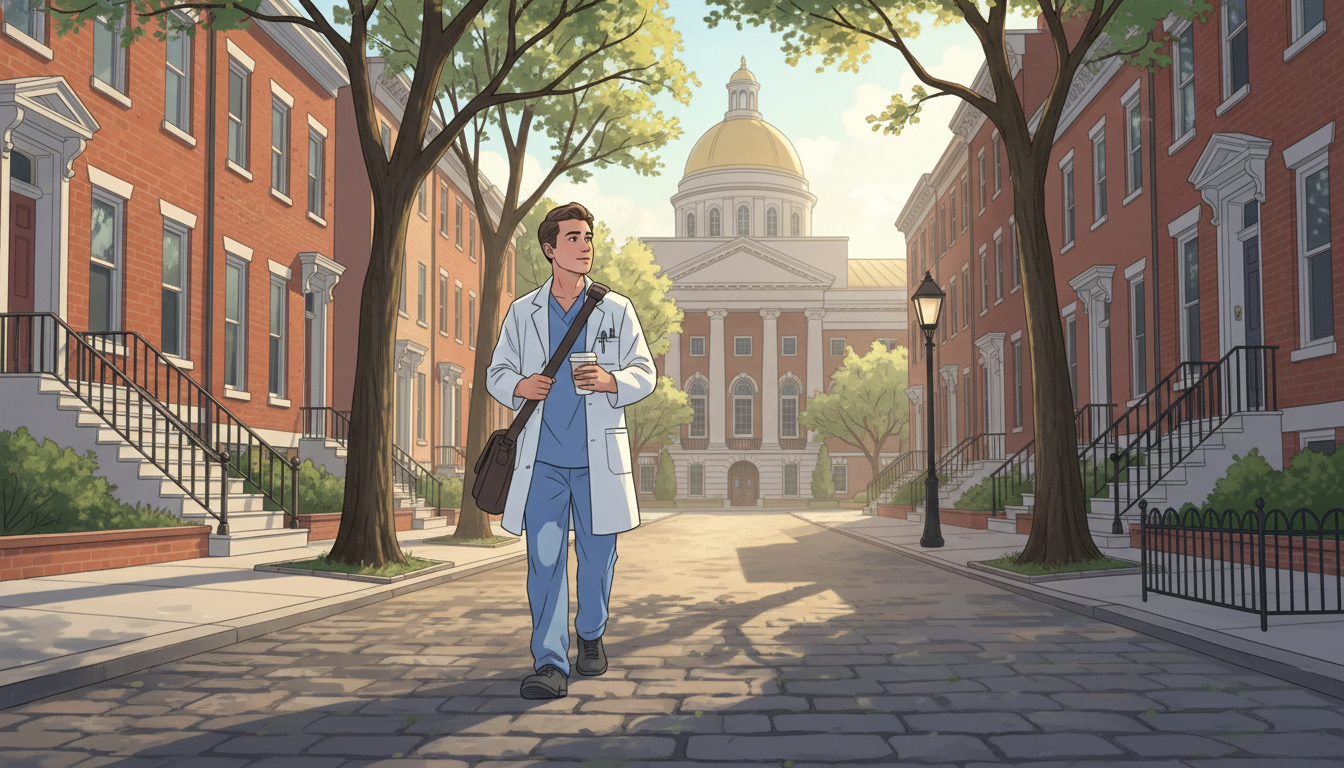 Medical resident walking through a Philadelphia neighborhood near a hospital Medical resident walking through a Philadelphia neighborhood near a hospital - Philadelphia residency for Geographic Flexibil