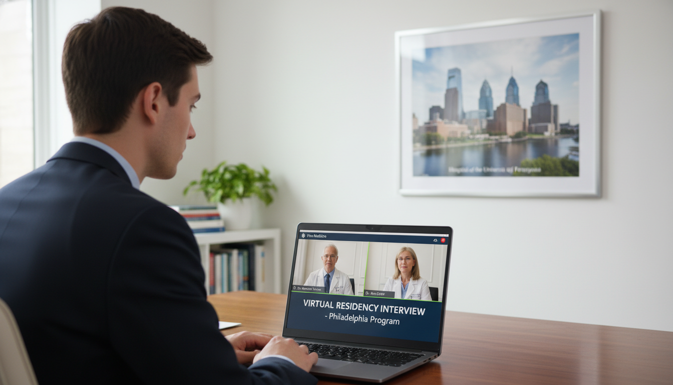 Virtual residency interview with Philadelphia hospital in background Virtual residency interview with Philadelphia hospital in background - Philadelphia residency for Geographic Flexibility for