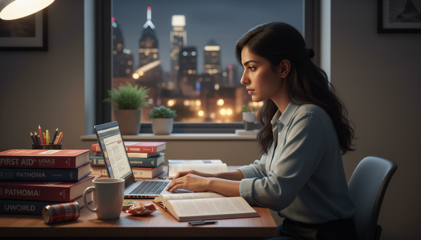 Medical student studying USMLE materials in Philadelphia apartment - Philadelphia residency for Low Step Score Strategies for