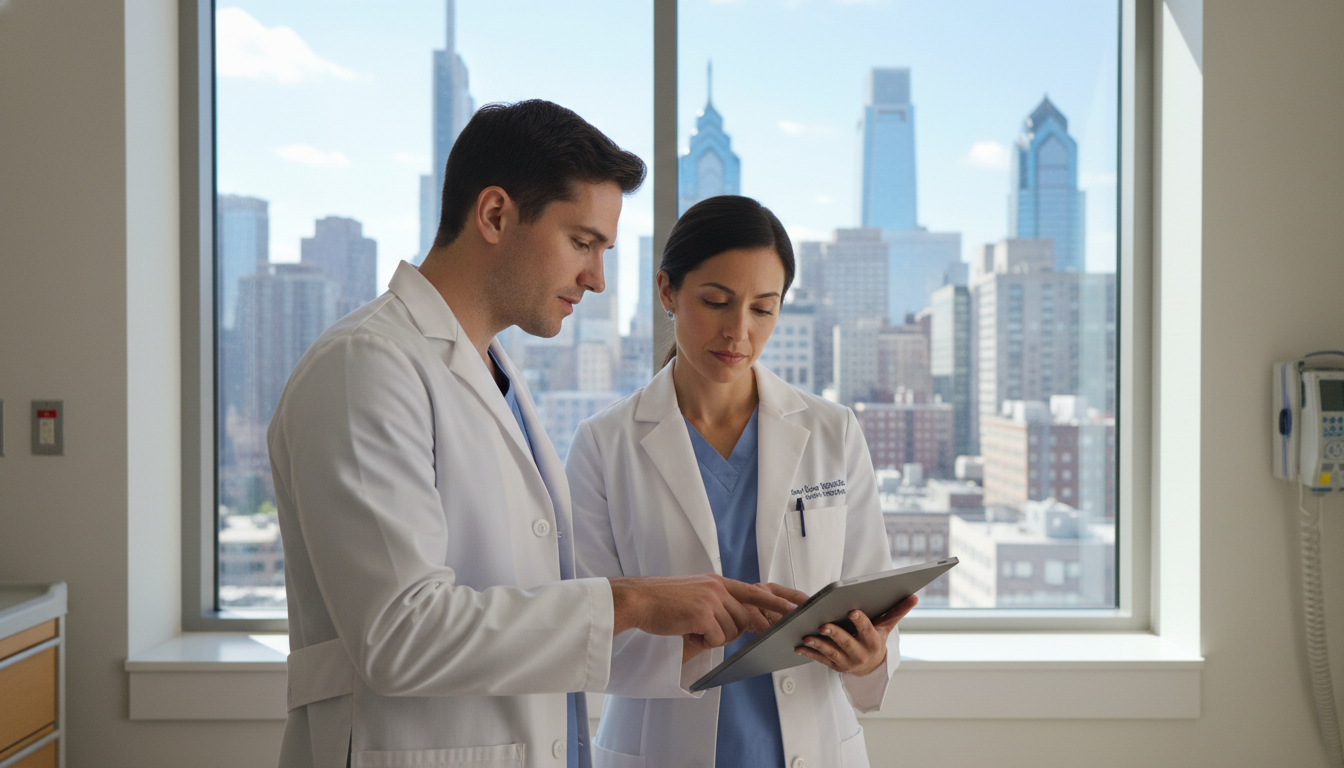 Medical resident and attending discussing patient case on Philadelphia ward - Philadelphia residency for Low Step Score Strat