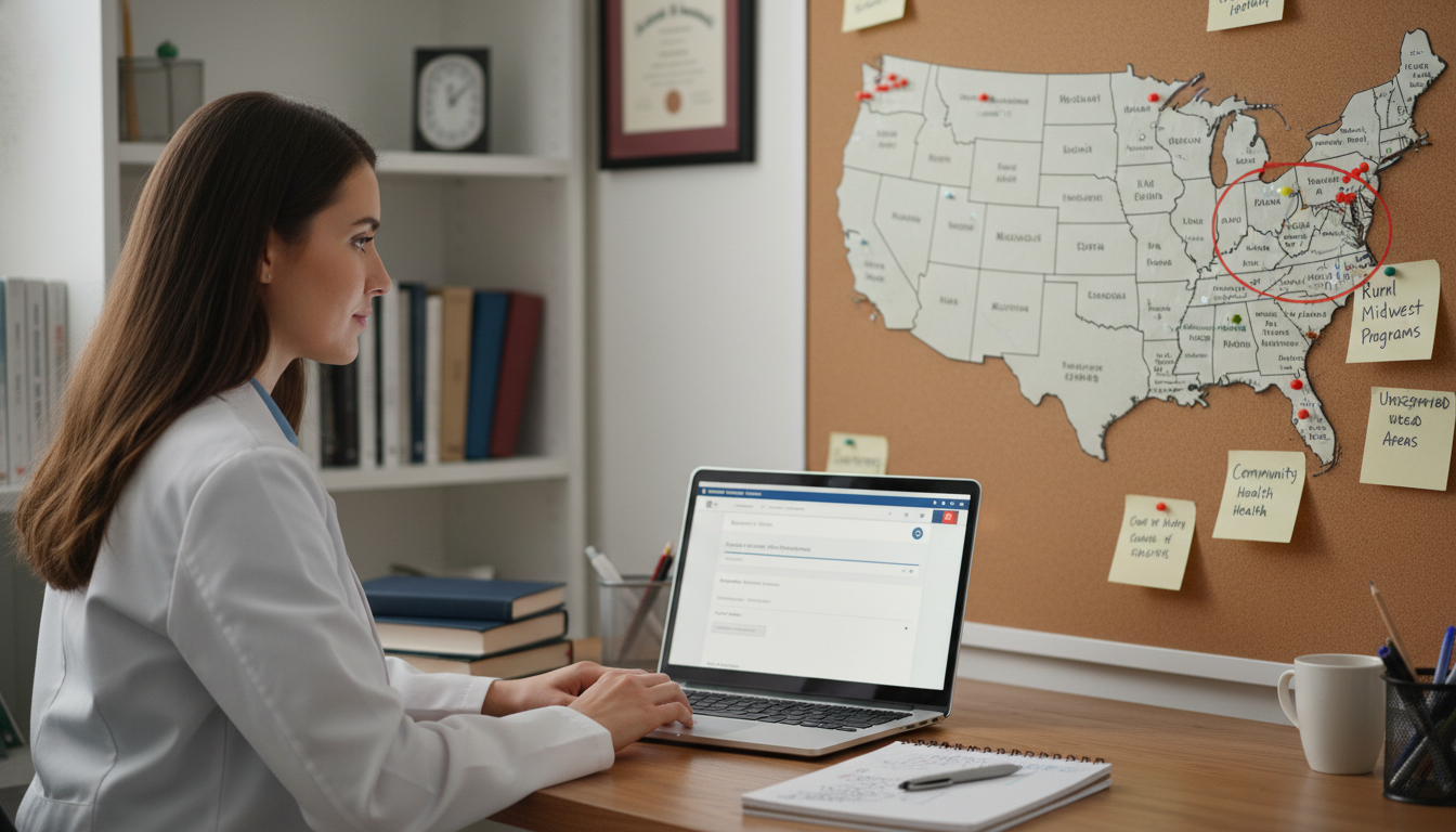 Medical student preparing residency application with geographic map Medical student preparing residency application with geographic map - rural Midwest residency for Geographic Flexibility for
