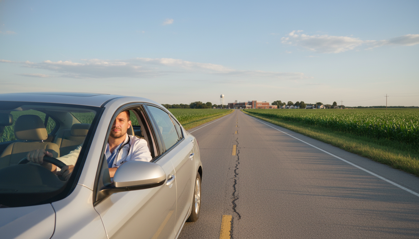 Resident physician driving through rural Midwest landscape Resident physician driving through rural Midwest landscape - rural Midwest residency for Geographic Flexibility for Residency