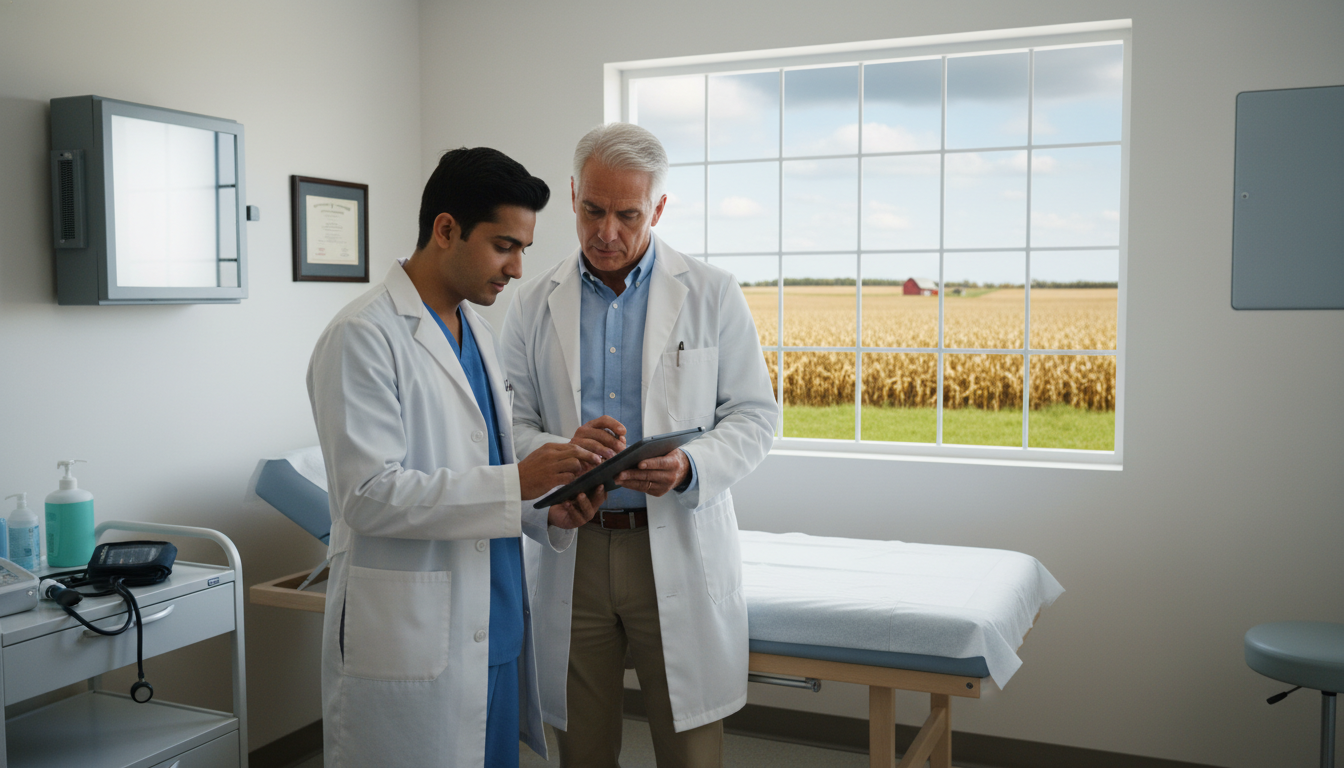 International medical resident consulting with attending physician in a rural clinic International medical resident consulting with attending physician in a rural clinic - rural Midwest residency for H-1B Spons