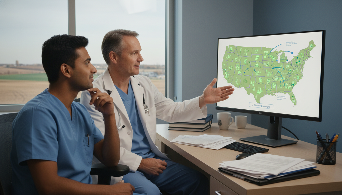 International resident physician with mentor reviewing J-1 waiver options International resident physician with mentor reviewing J-1 waiver options - rural Midwest residency for J-1 Waiver Strategies