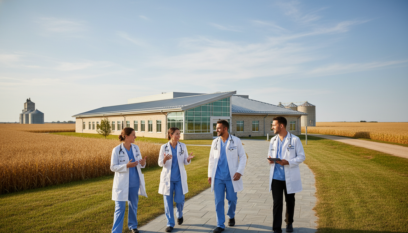 Rural Midwest hospital with residents walking outside Rural Midwest hospital with residents walking outside - rural Midwest residency for Low Step Score Strategies for Residency P