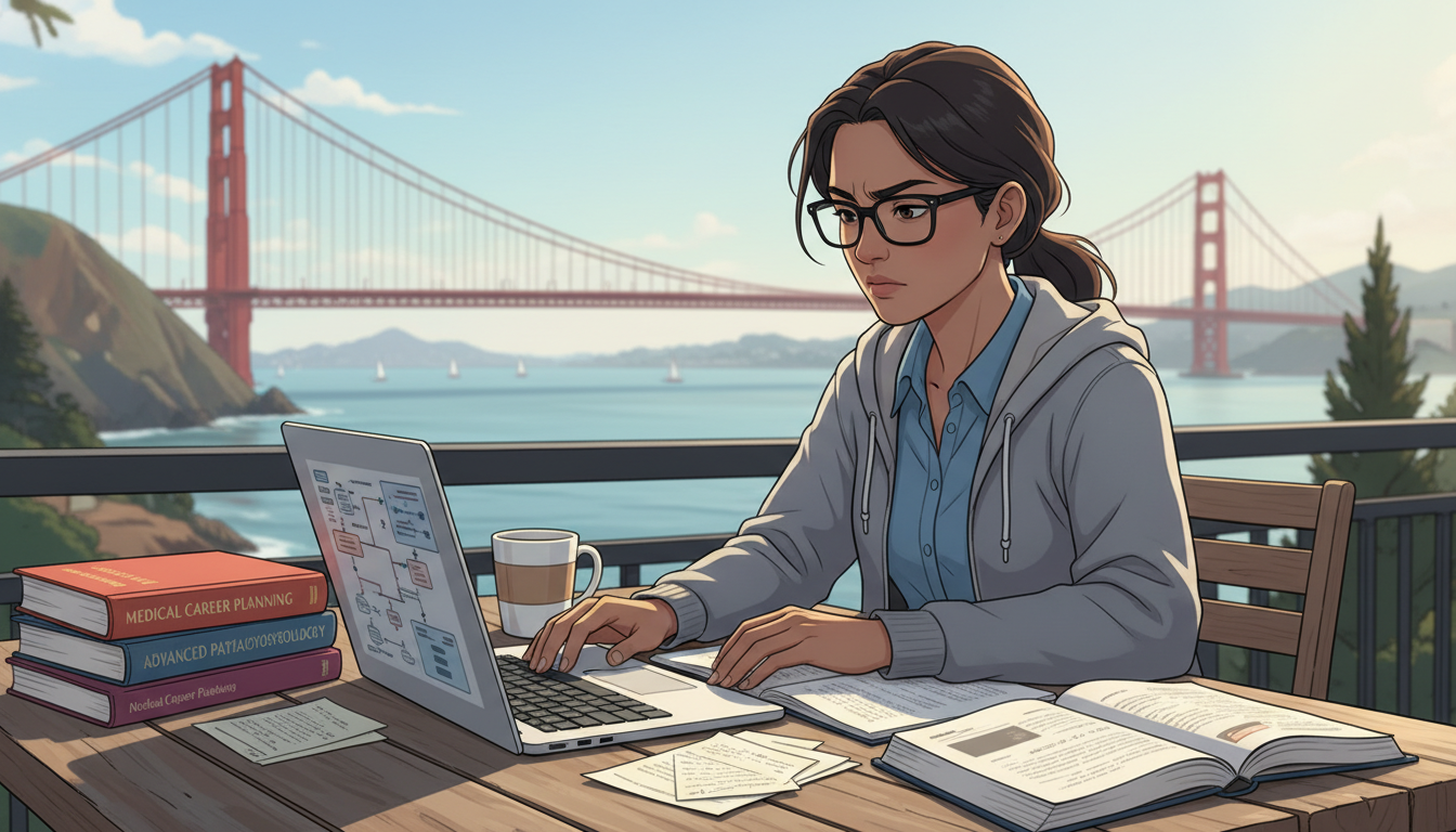 Medical graduate studying in San Francisco with Golden Gate Bridge in background Medical graduate studying in San Francisco with Golden Gate Bridge in background - Bay Area residency for Failed Match Recove