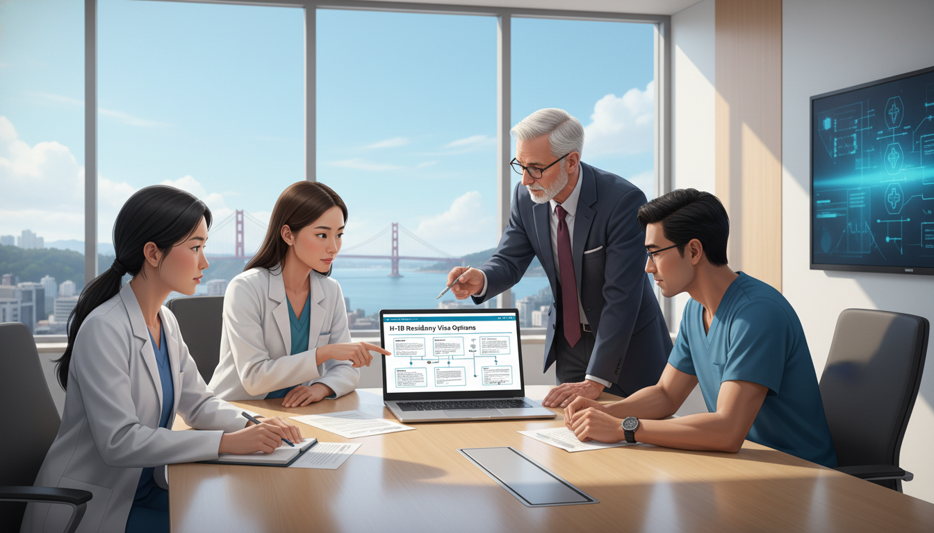 Medical residents and faculty discussing H-1B visa options in a Bay Area teaching hospital Medical residents and faculty discussing H-1B visa options in a Bay Area teaching hospital - Bay Area residency for H-1B Spon