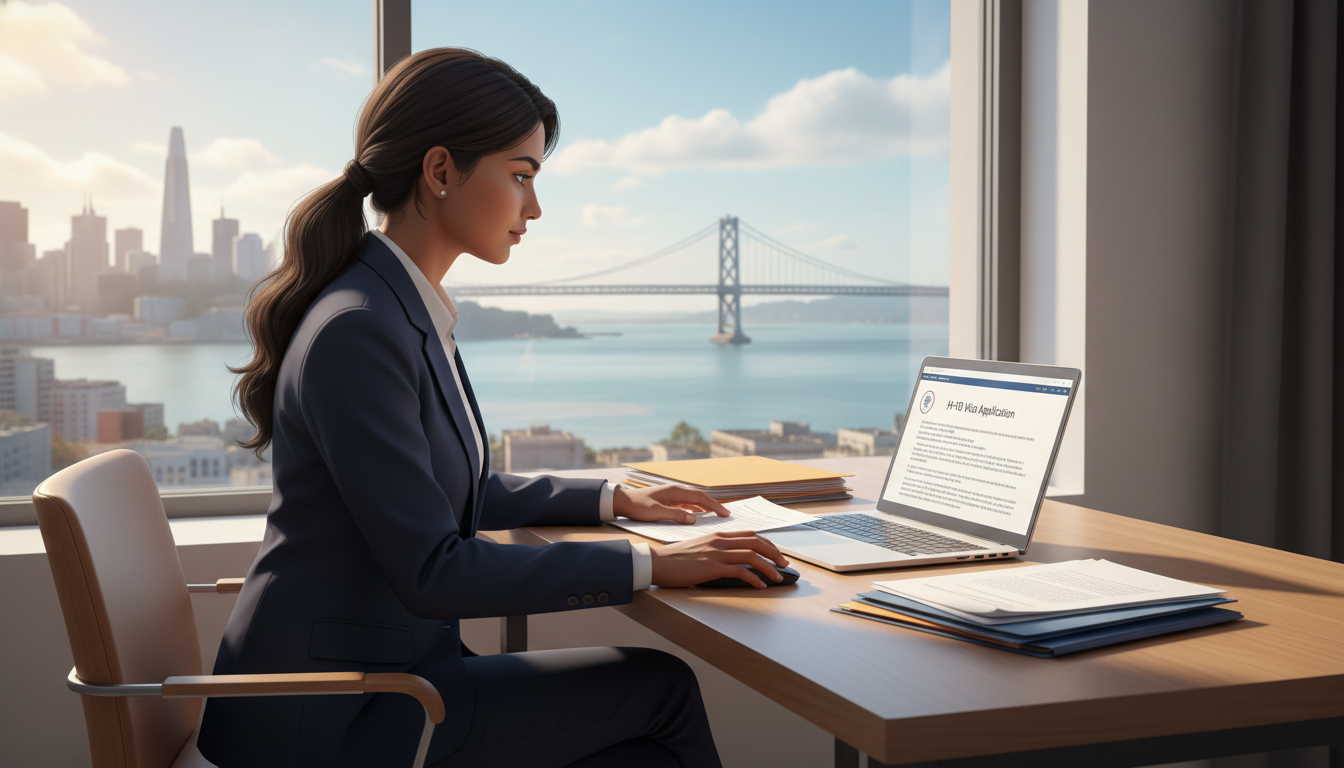 International medical graduate preparing residency visa documents with San Francisco skyline in background International medical graduate preparing residency visa documents with San Francisco skyline in background - Bay Area residen