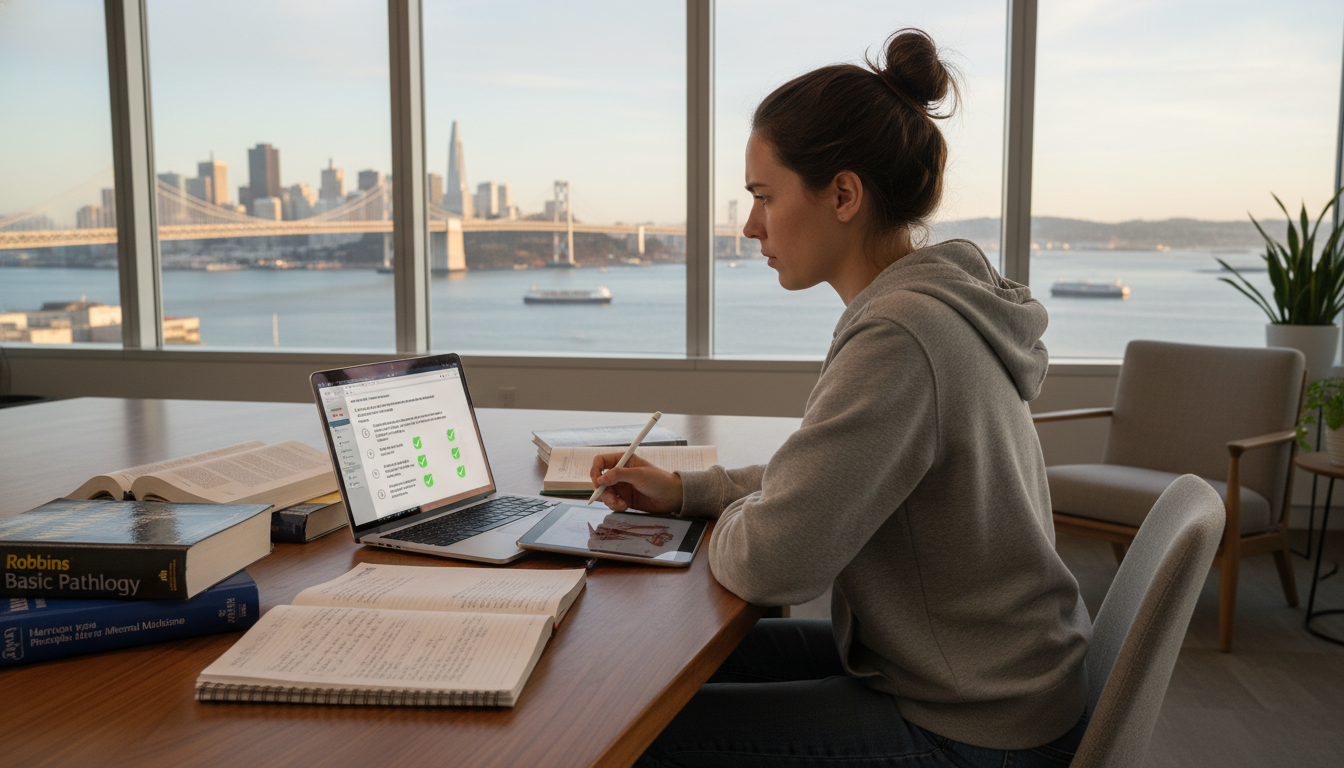 Medical student with study materials and San Francisco skyline in background - Bay Area residency for Low Step Score Strategi