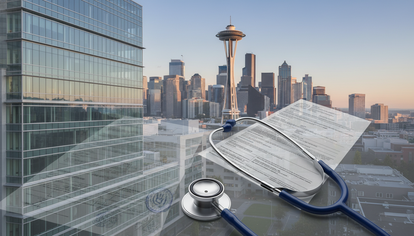 Seattle skyline with hospital and visa documents Seattle skyline with hospital and visa documents - Seattle residency programs for H-1B Sponsorship Programs for Residency Pro