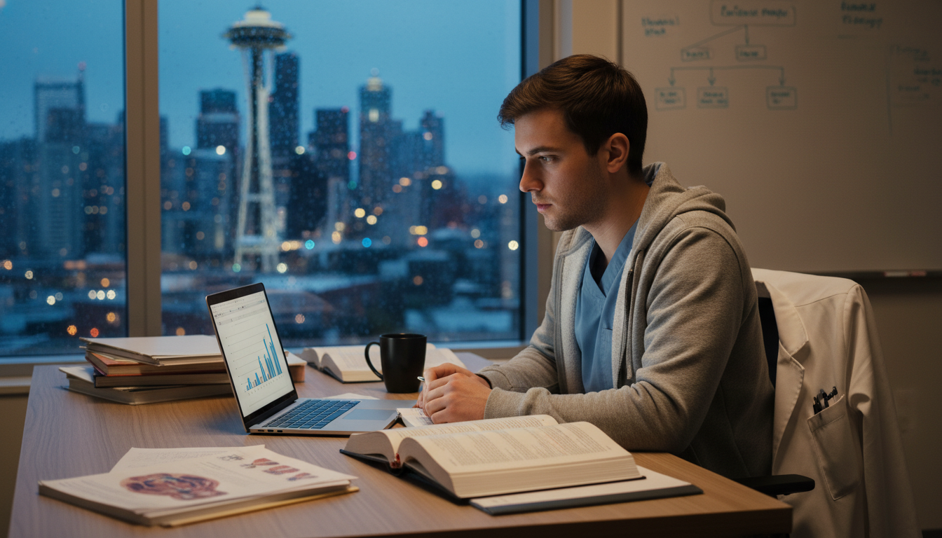 Medical student working late on residency application in a Seattle apartment - Seattle residency programs for Low Step Score