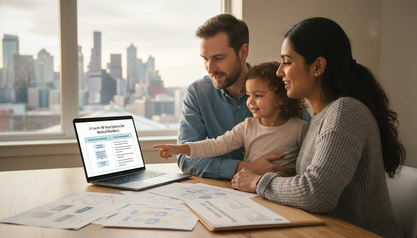 International resident doctor with family reviewing J-1 and H-1B visa options at home in Seattle - Seattle residency programs