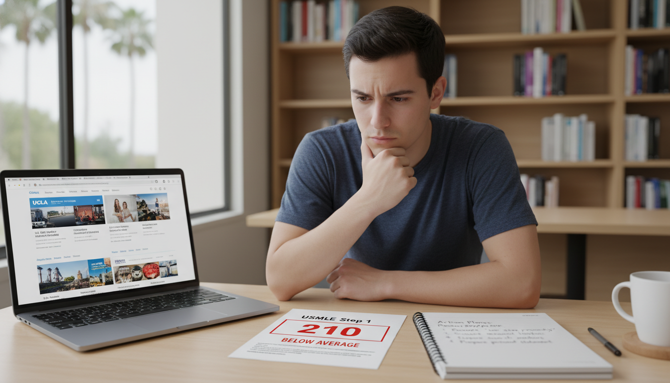 Medical student reviewing USMLE score report and planning residency application strategy - Southern California residency for