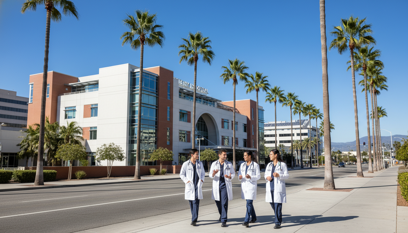 Sun Belt teaching hospital with diverse residents outside the main entrance Sun Belt teaching hospital with diverse residents outside the main entrance - sun belt residency for H-1B Sponsorship Program