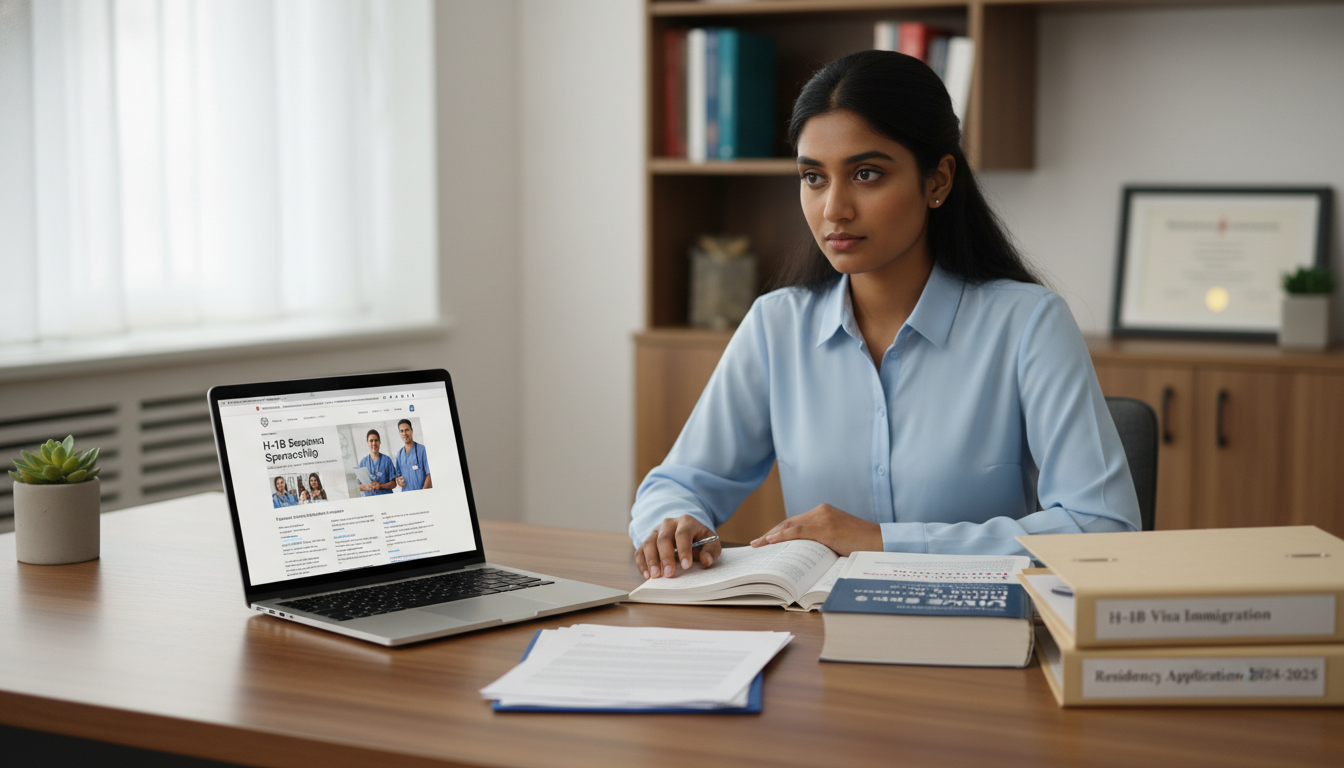 IMG preparing residency applications and H-1B documents at a desk IMG preparing residency applications and H-1B documents at a desk - sun belt residency for H-1B Sponsorship Programs for Resi