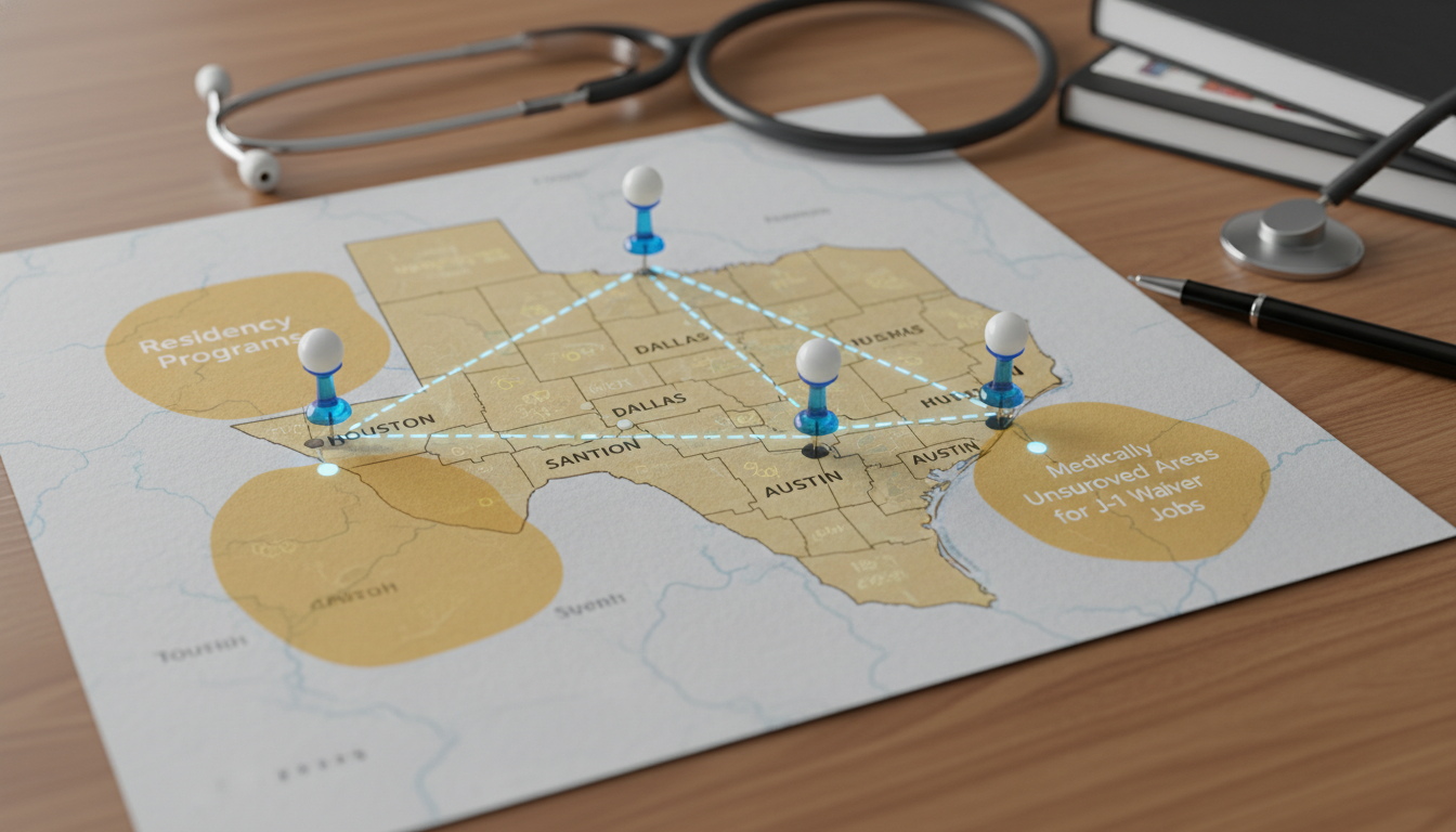 Texas map showing residency programs and underserved areas for J-1 waiver jobs Texas map showing residency programs and underserved areas for J-1 waiver jobs - Texas residency programs for Visa Navigation