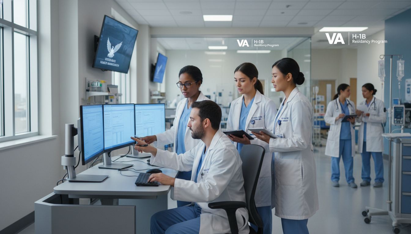 Medical residents working at computer stations in a VA hospital ward Medical residents working at computer stations in a VA hospital ward - VA residency programs for H-1B Sponsorship Programs fo