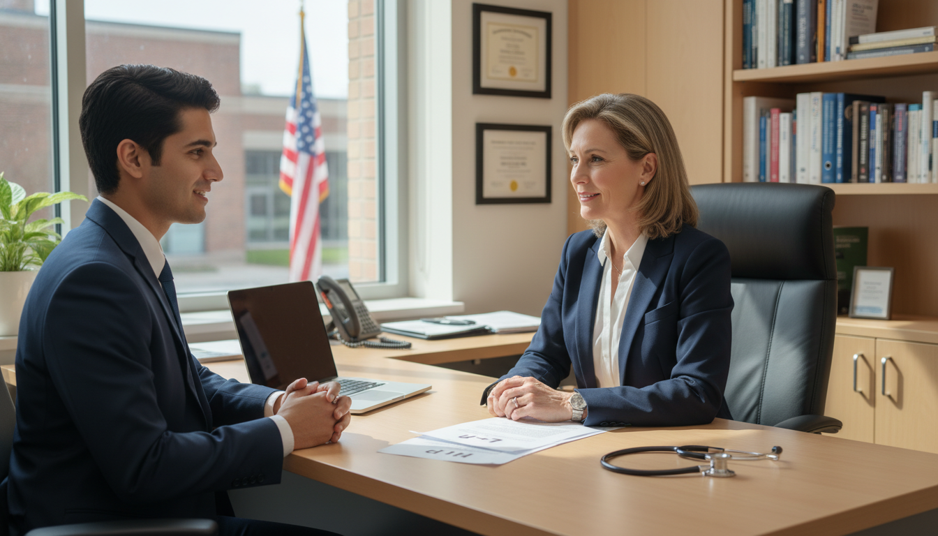 Residency program director and IMG discussing visa pathways at a VA-affiliated teaching hospital - VA residency programs for