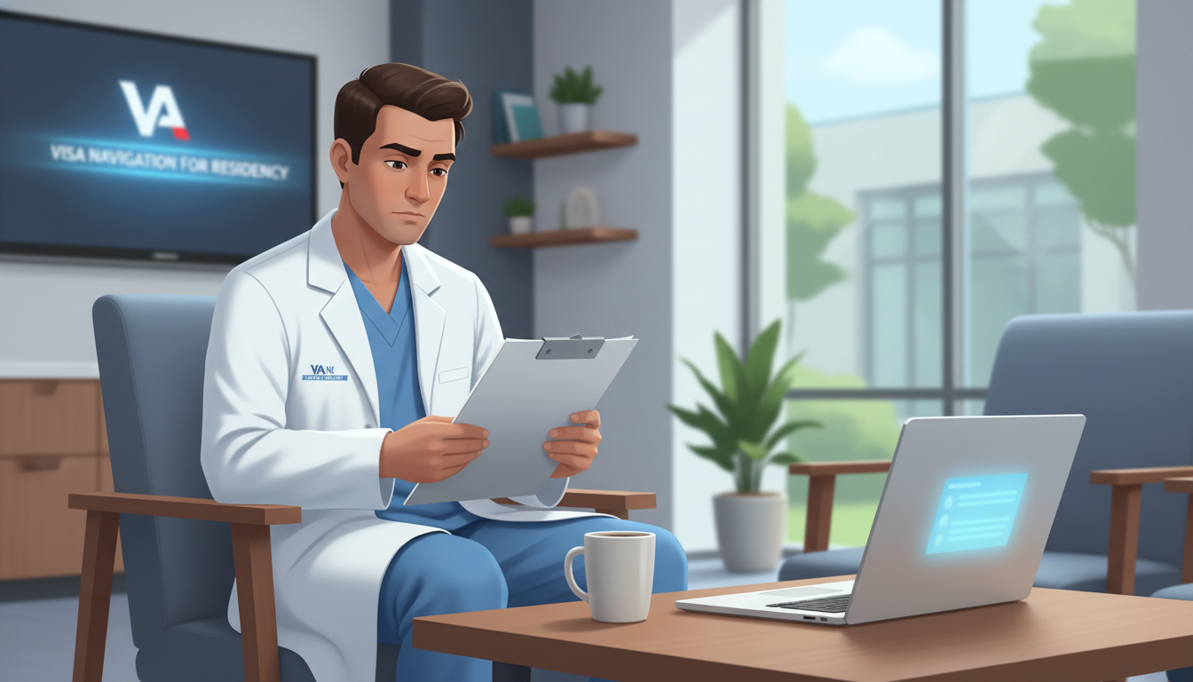 IMG resident physician at a VA hospital reviewing immigration documents on a break - VA residency programs for Visa Navigatio