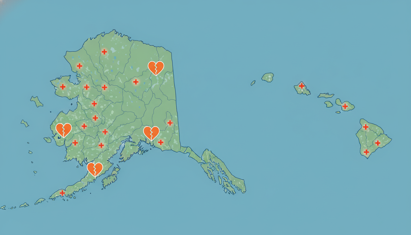 Alaska and Hawaii map highlighting rural hospitals and underserved emergency departments Alaska and Hawaii map highlighting rural hospitals and underserved emergency departments - emergency medicine residency for E