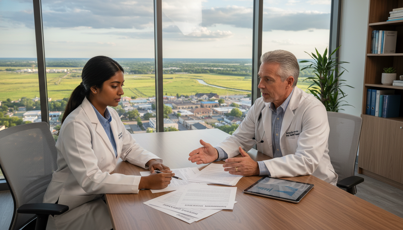 Family medicine resident reviewing J-1 waiver paperwork with mentor Family medicine resident reviewing J-1 waiver paperwork with mentor - family medicine residency for Family Medicine Programs