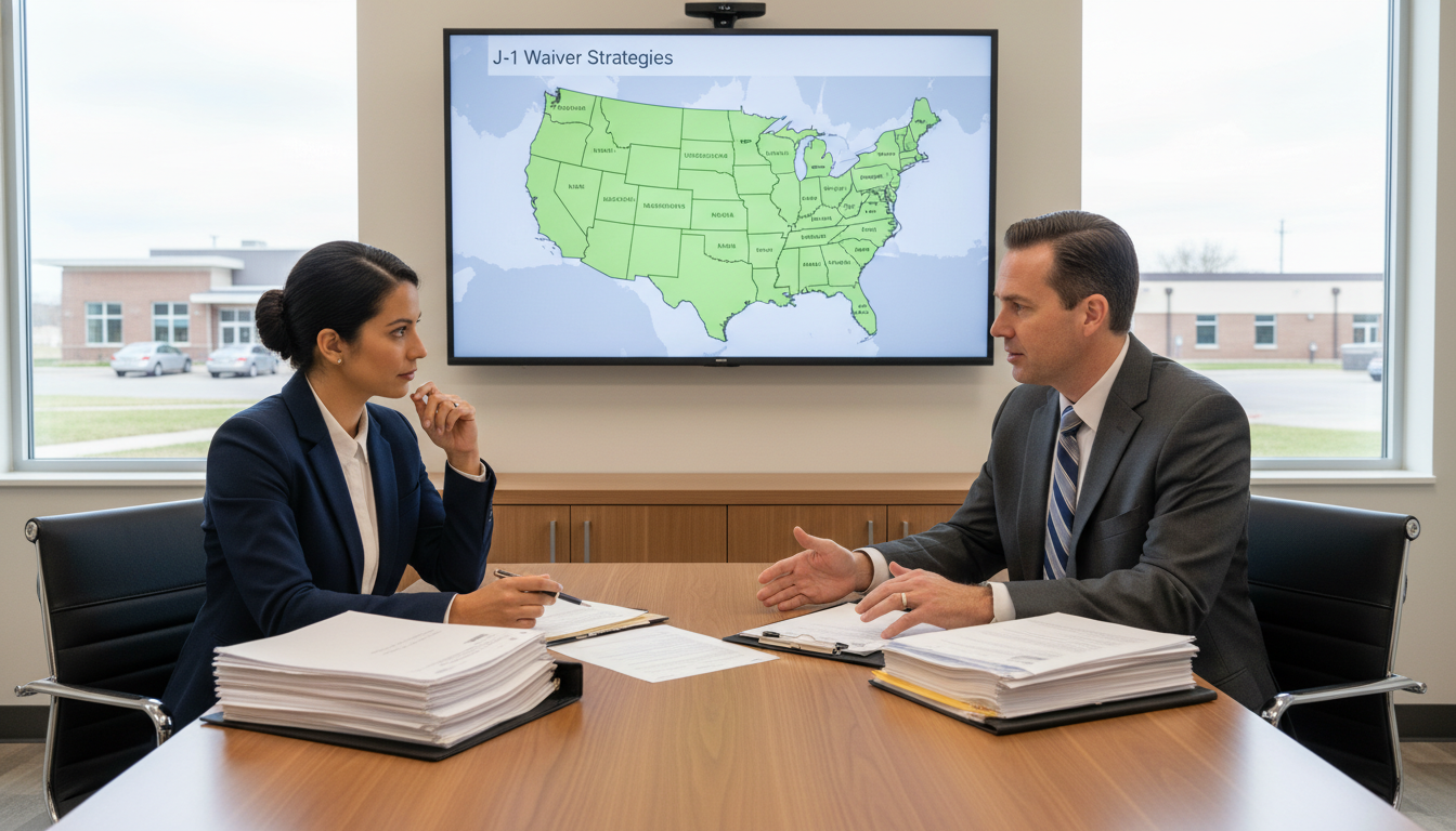 Internal medicine physician reviewing J-1 waiver contract with hospital administrator in rural Midwest - internal medicine re