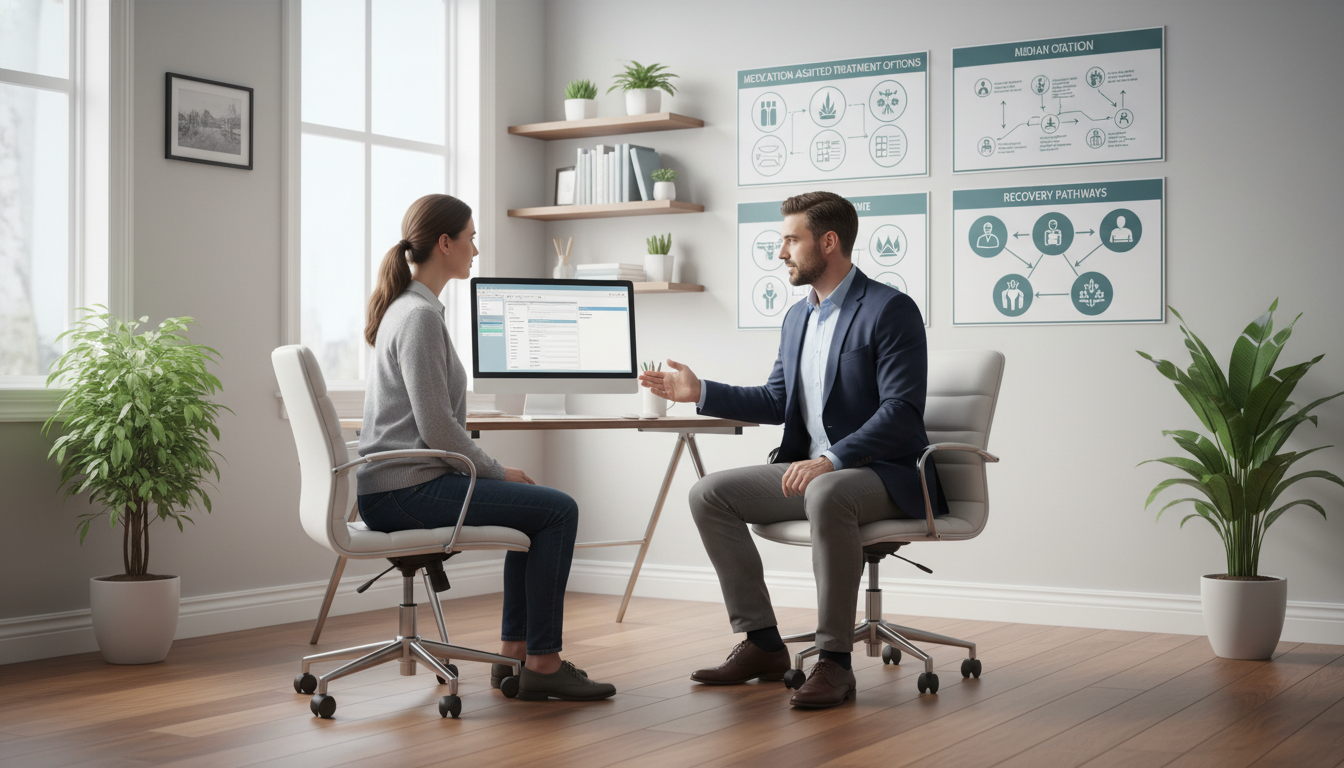 Addiction medicine physician in a private practice clinic consulting with a patient Addiction medicine physician in a private practice clinic consulting with a patient - addiction medicine fellowship for Acade