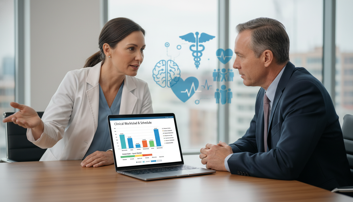 Addiction medicine physician discussing work schedule with administrator - addiction medicine fellowship for Physician Contra