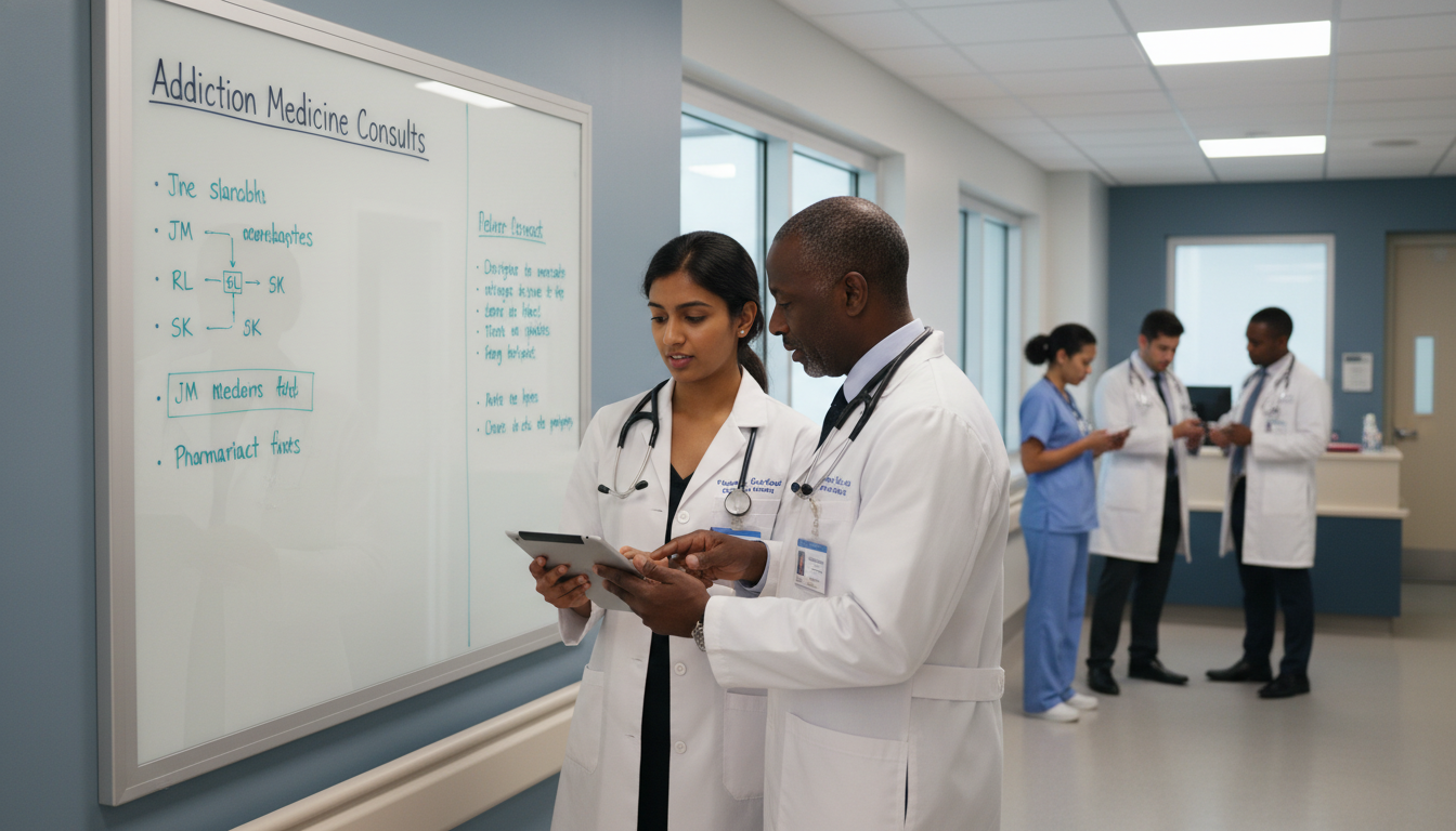 Resident working on addiction medicine consultation with interdisciplinary team Resident working on addiction medicine consultation with interdisciplinary team - addiction medicine fellowship for CV Buildi