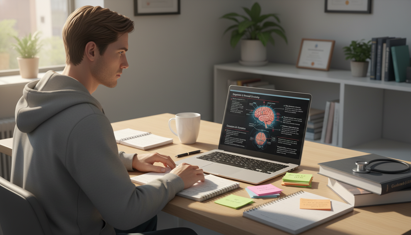 First year medical student reviewing neuroscience and addiction material - addiction medicine fellowship for Surviving First