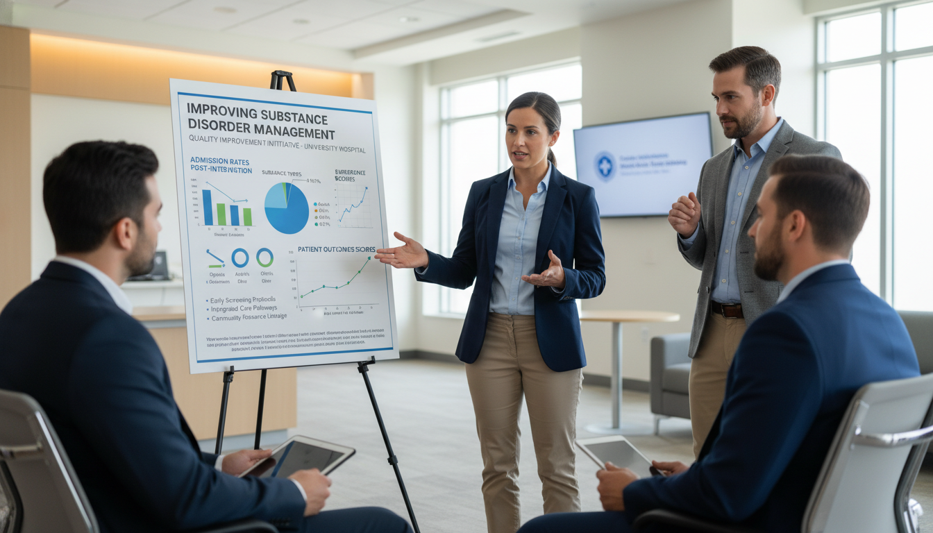 Resident physician presenting a quality improvement project on addiction care Resident physician presenting a quality improvement project on addiction care - addiction medicine fellowship for Low Step Sc