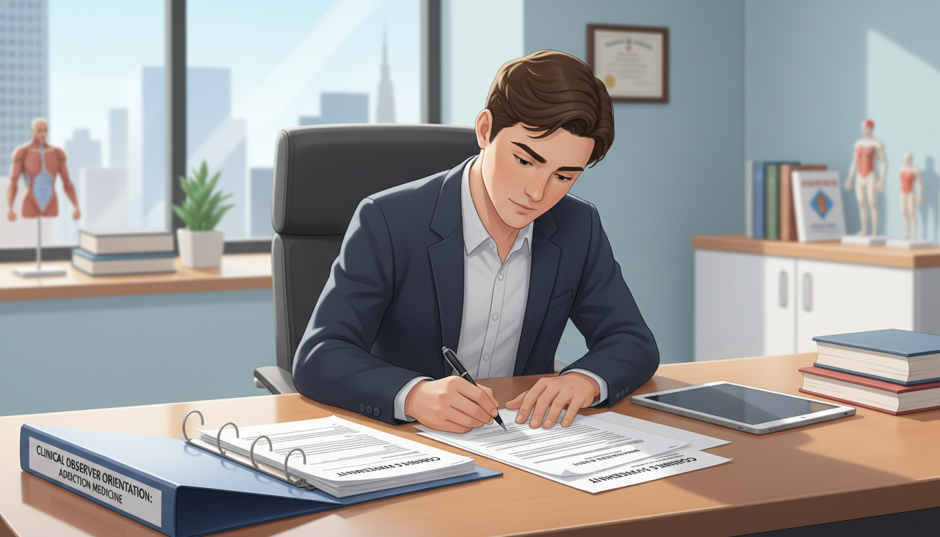 Medical student completing onboarding paperwork for clinical shadowing Medical student completing onboarding paperwork for clinical shadowing - addiction medicine fellowship for Medical Shadowing