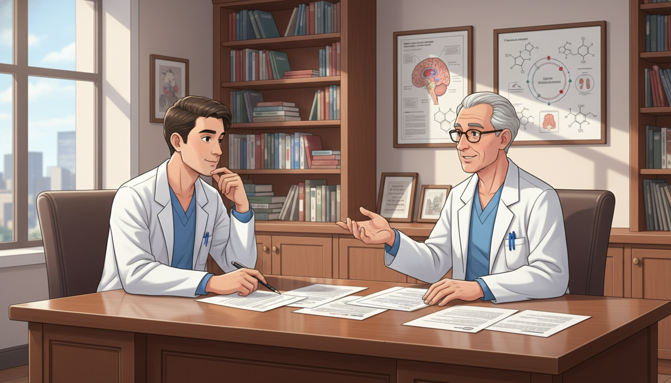 Resident physician meeting with a mentor in a hospital office - addiction medicine fellowship for Networking in Medicine in A