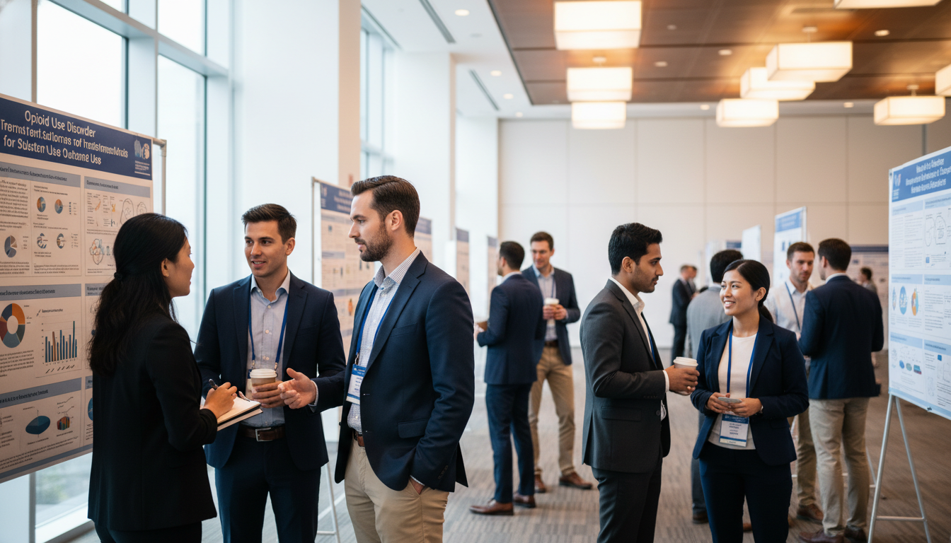 Medical professionals networking at an addiction medicine poster session - addiction medicine fellowship for Networking in Me