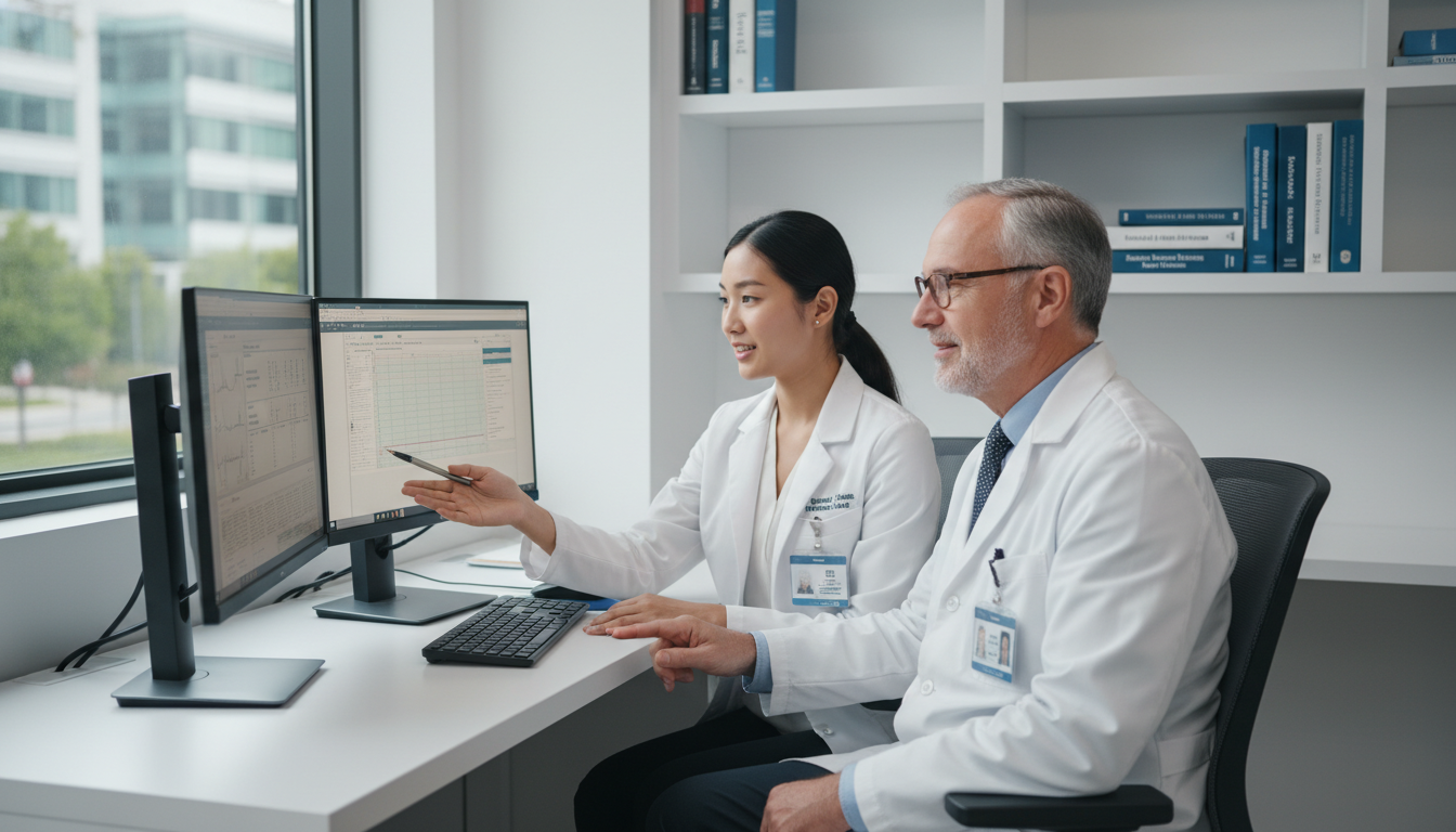 Addiction medicine fellow working with a mentor reviewing patient data - addiction medicine fellowship for Program Selection