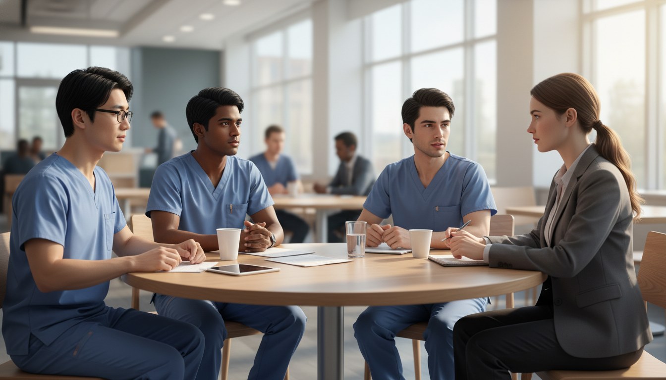 Current addiction medicine fellows talking candidly with an applicant Current addiction medicine fellows talking candidly with an applicant - addiction medicine fellowship for Questions to Ask Pr